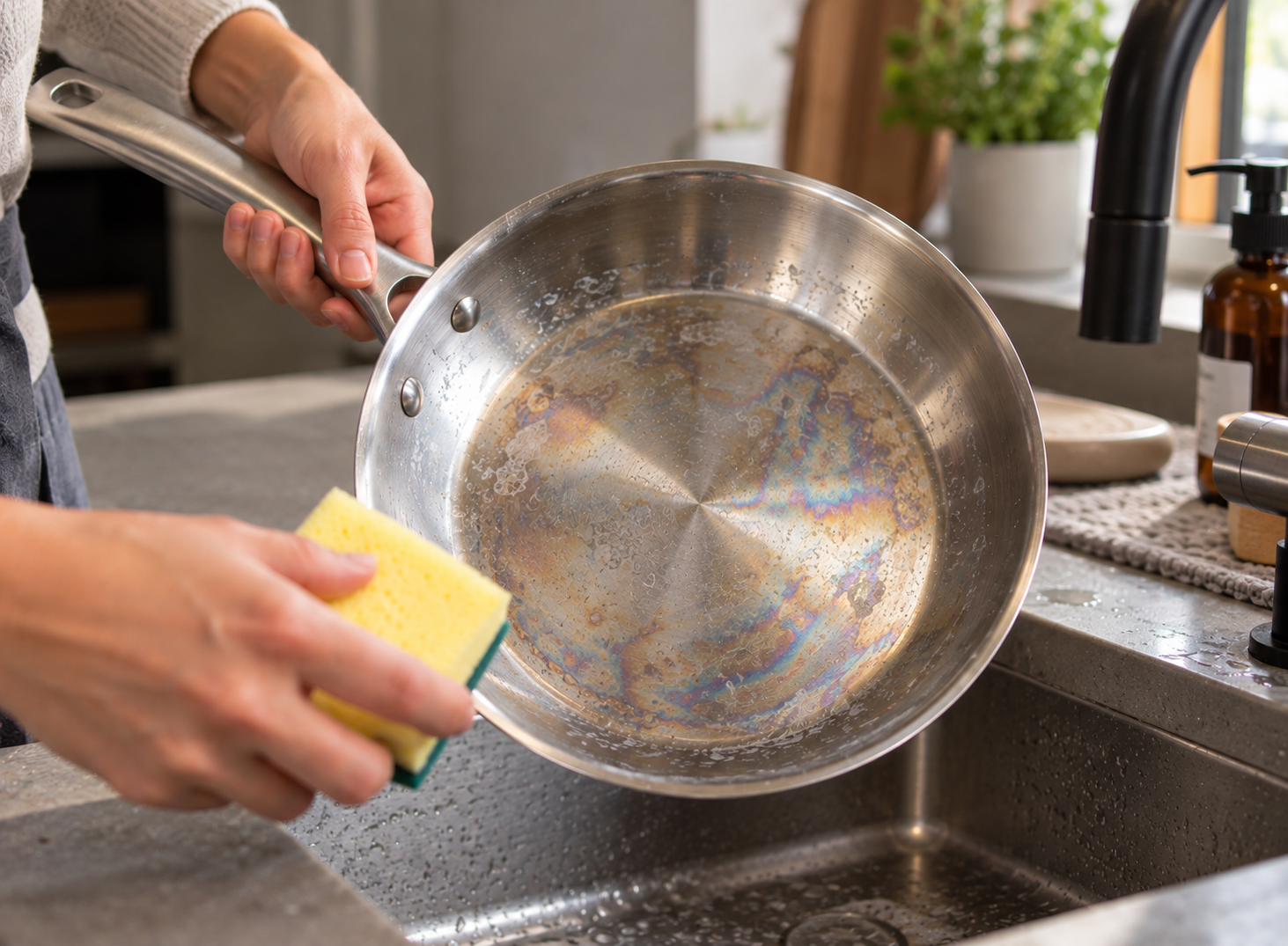 limpieza de sarten de acero inoxidable con manchas arcoiris